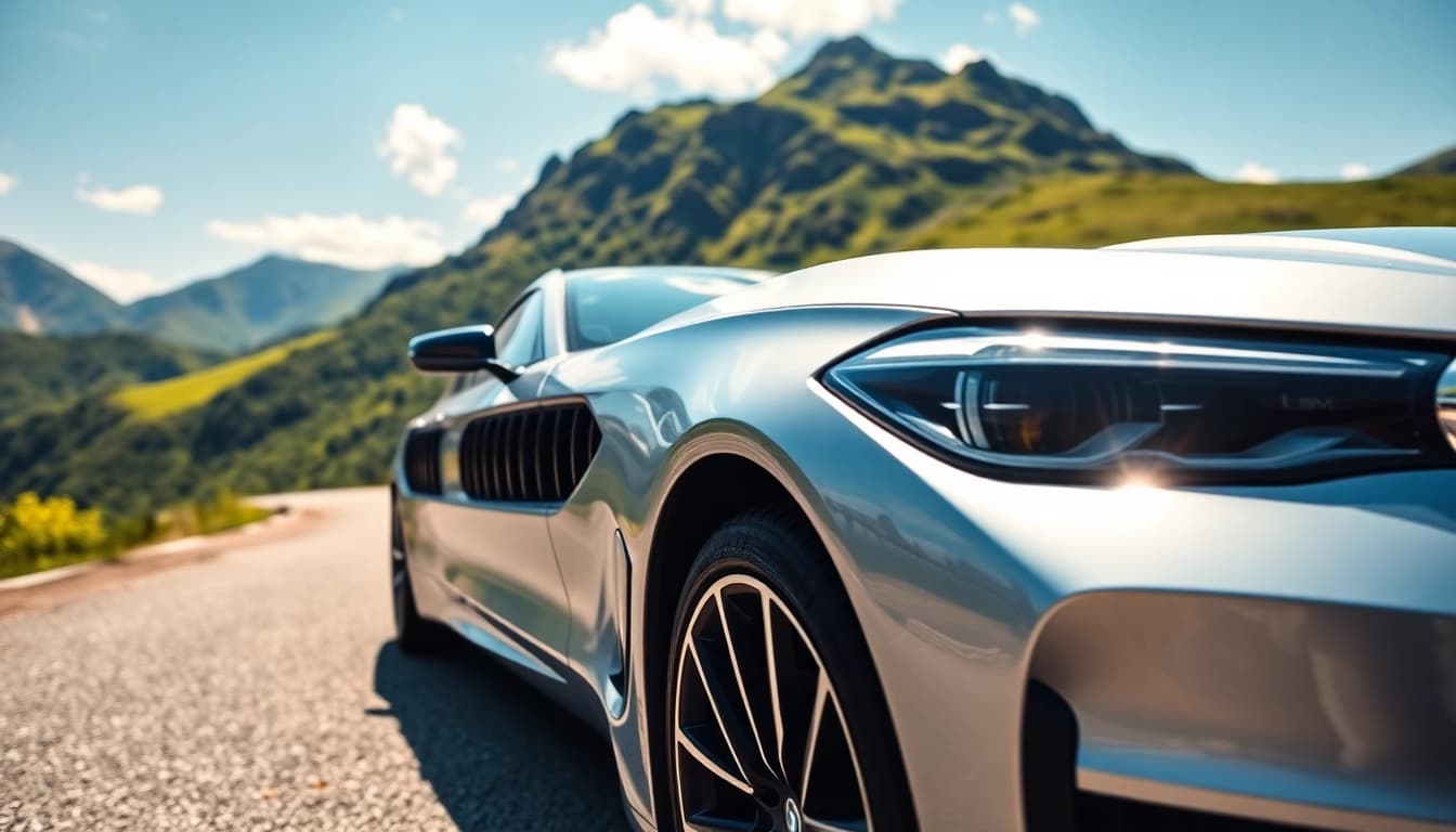 Captivating Luxury BMW car showcasing sleek design against a scenic mountain backdrop.