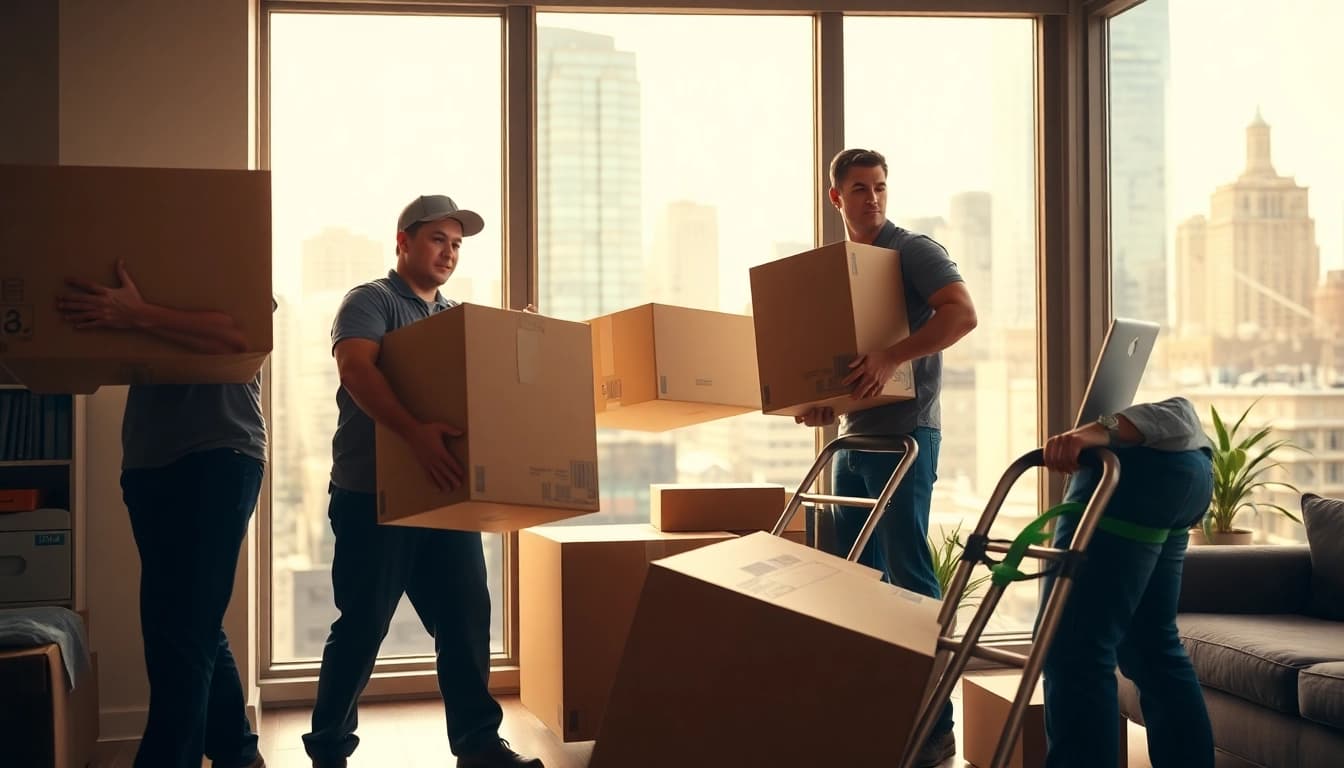 Best NYC movers expertly handling boxes during a move in a bustling New York City environment.
