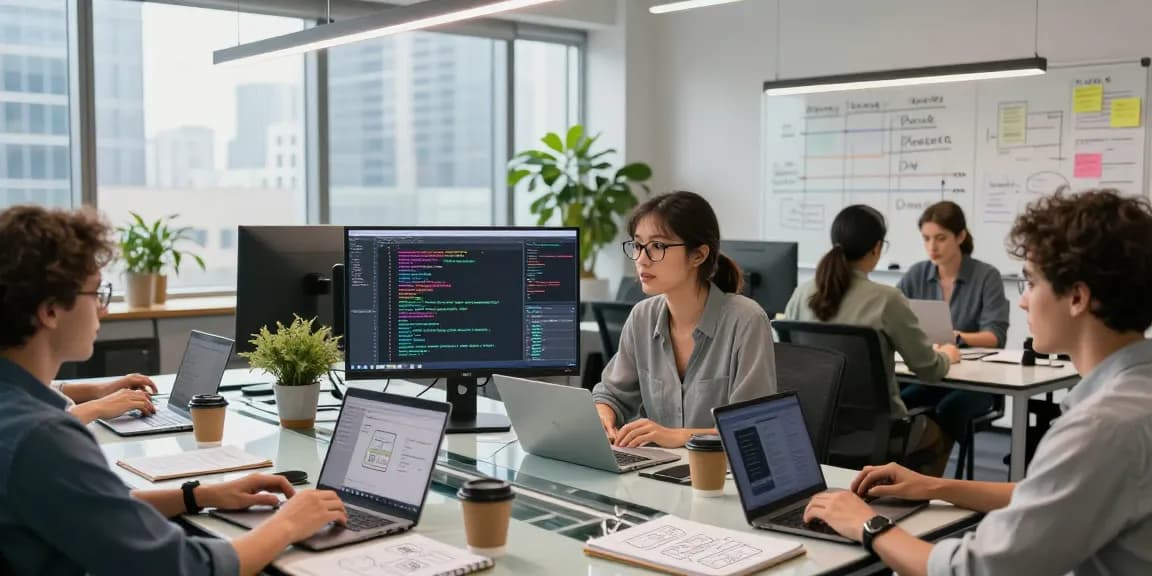 Collaborative team of developers working together at https://www.www456bd.com/ in a modern tech office, showcasing innovative app design.