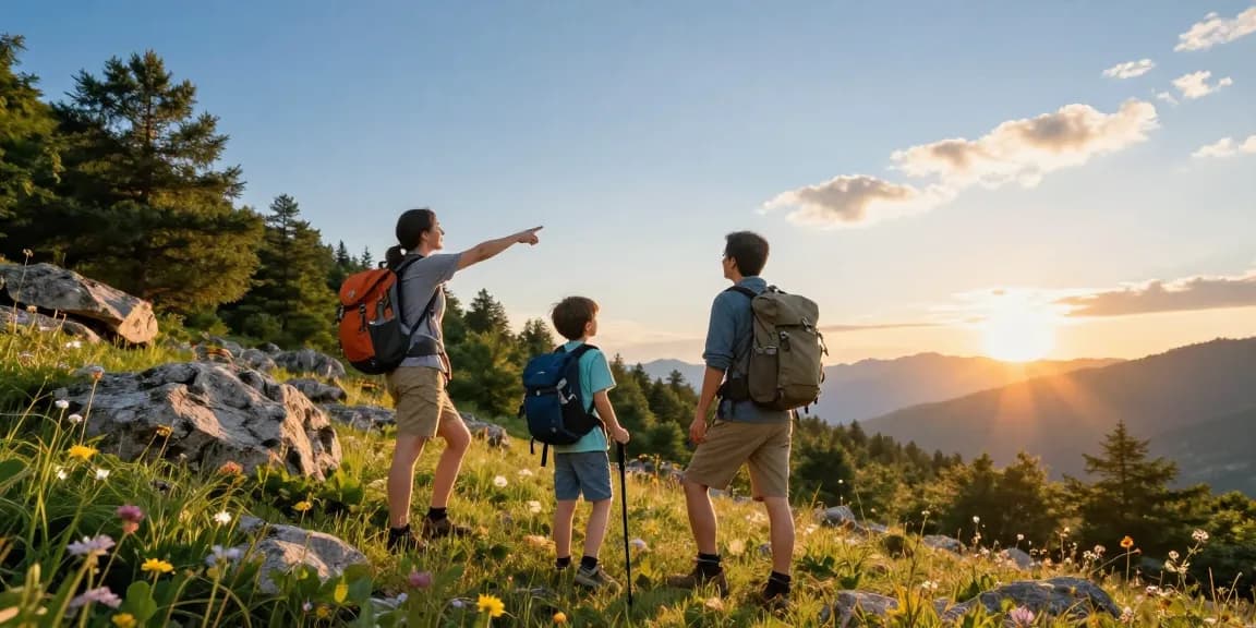 A family enjoying a sunset adventure in the mountains, embodying the spirit of mantra88 with hiking gear and breathtaking scenery.