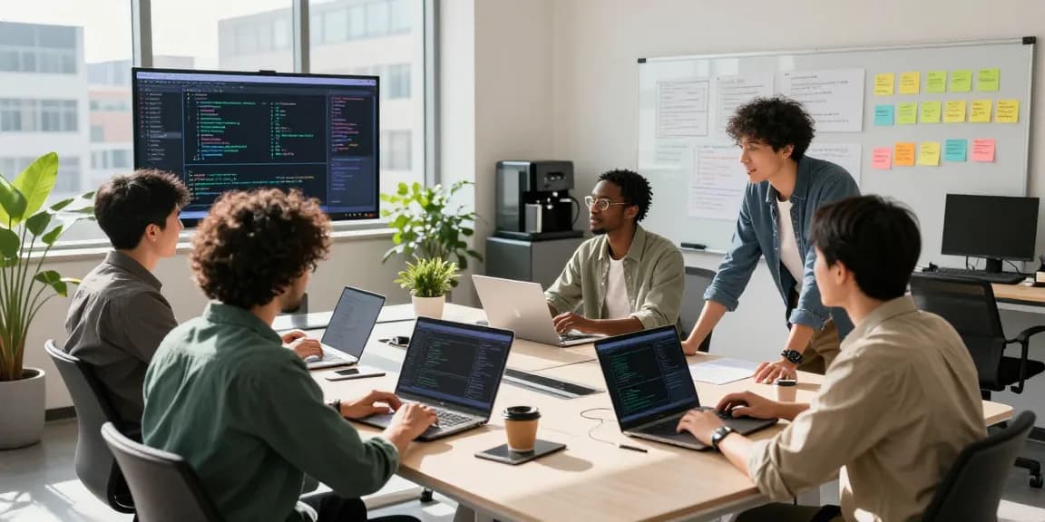 Team collaborating in a modern tech workspace at https://www.bdtjl.app/ with laptops, code displays, and bright city views.