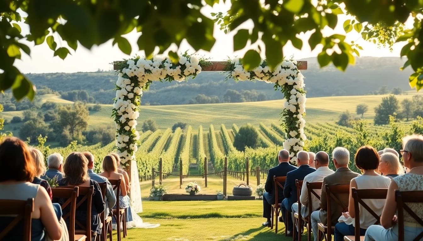 Stunning outdoor wedding venue Clarksburg California featuring a decorated arch among vineyards.