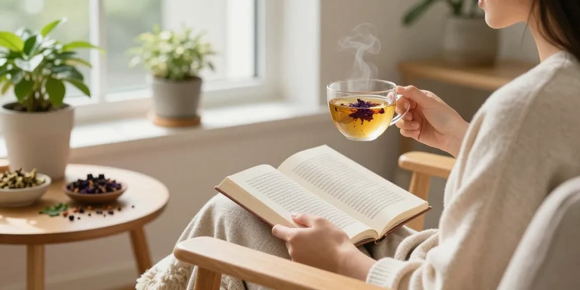 Une personne savourant une infusion de guimauve et passiflore pour le confort urinaire dans un environnement serein.