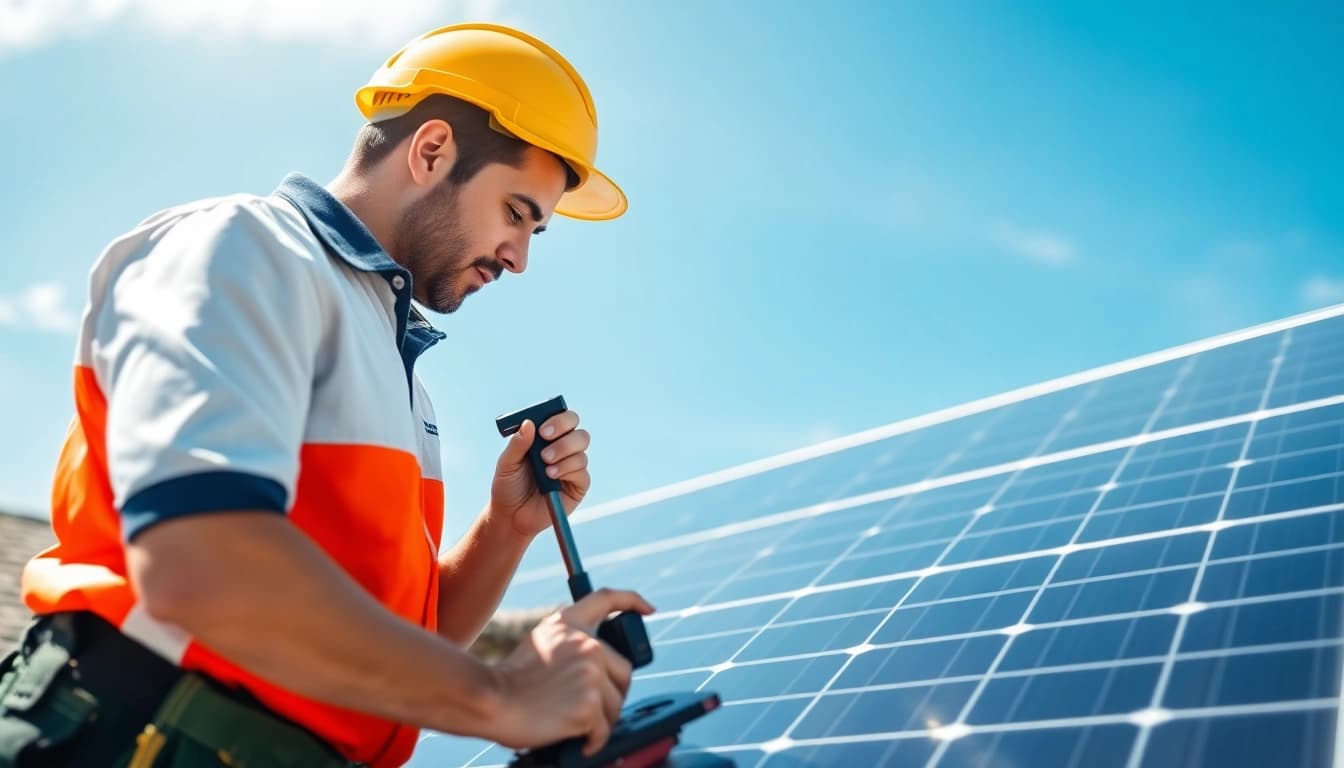 Technician from a solar repair company near me inspecting solar panels to ensure optimal performance.