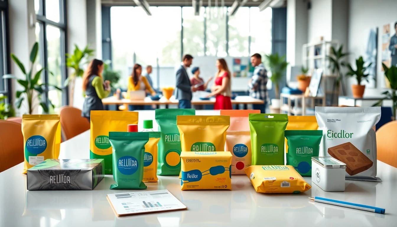 Creative packaging for emerging brands displayed in a vibrant workspace highlighting textures and designs.