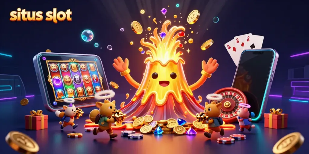 Visualisasi situs slot dengan gunung berapi emas, hewan penjelajah, dan smartphone permainan yang penuh harta.