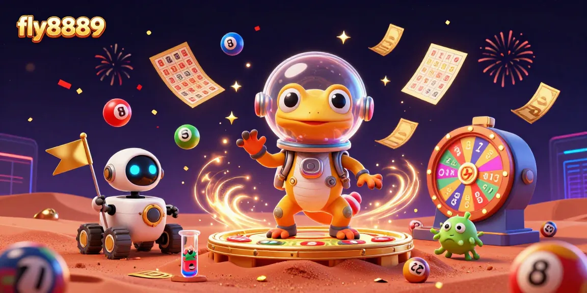 Experience thrilling gaming at fly8889 with exciting lottery and casino elements in a vibrant Martian scene.
