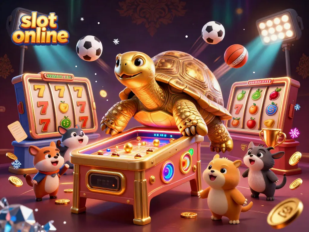 Spin the reels at slot online, featuring a whimsical golden tortoise pinball machine and animated casino elements.