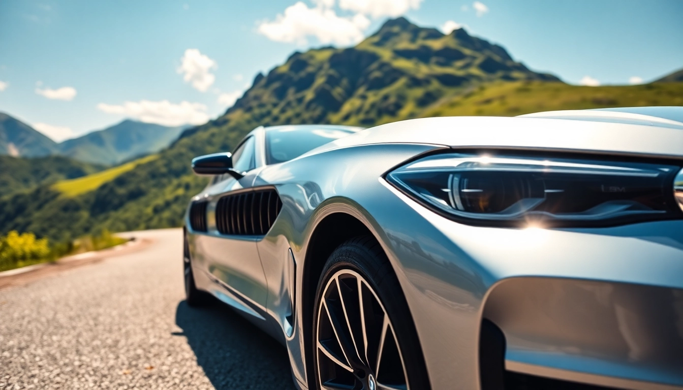 Captivating Luxury BMW car showcasing sleek design against a scenic mountain backdrop.