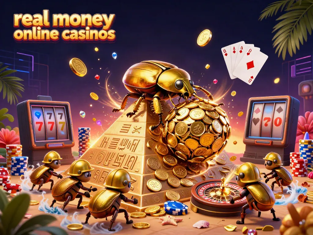 Experience real money online casinos with golden beetles, treasure, and casino symbols.