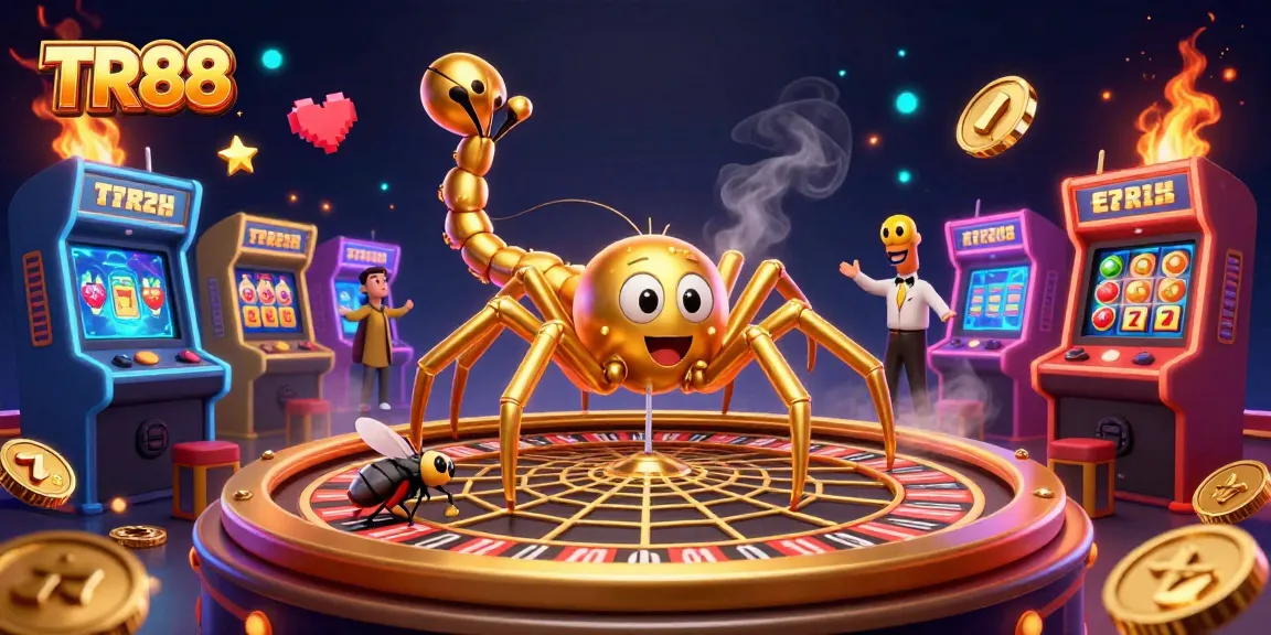 Experience TR88 entertainment with a golden spider spinning a roulette web in an exciting casino scene.