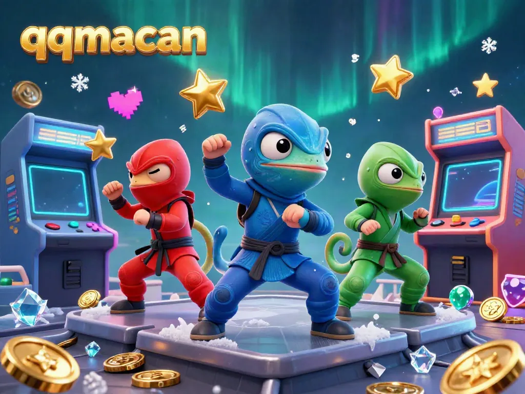 Experience the thrill of qqmacan gaming with vibrant 3D ninja chameleons surrounded by dynamic arcade elements.