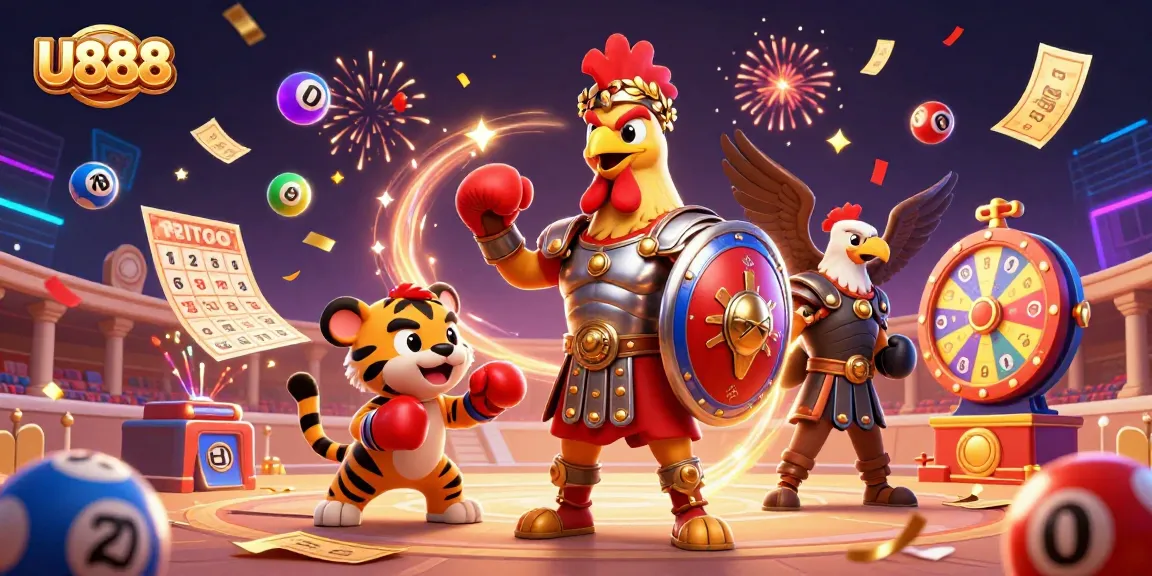 Experience thrilling games at U888 with a dynamic illustration featuring fun 3D characters and vibrant gambling elements.