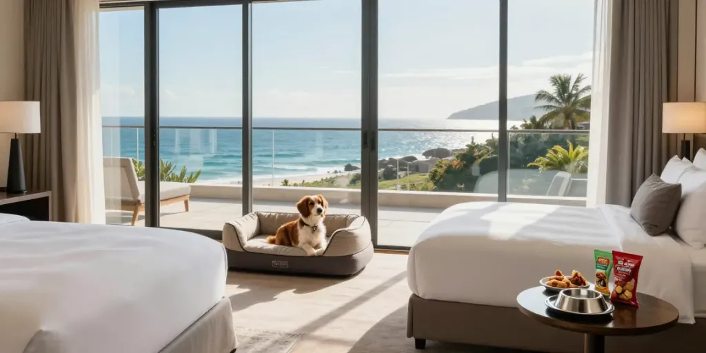 Pet-friendly hotel suite featuring luxury linens and ocean view to showcase hotel linen supplier quality.
