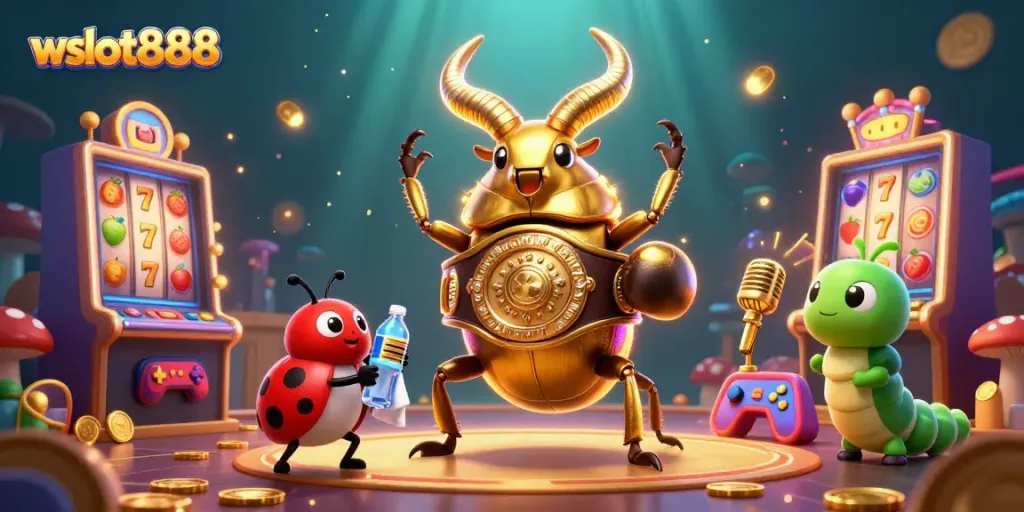 Slot gacor wslot888 dengan karakter lucu di panggung penuh simbol mesin slot yang bersinar.