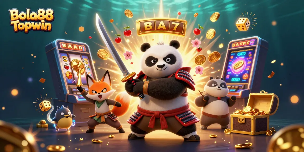 Bola88 Topwin delivers thrilling gameplay with an explosive jackpot scene featuring samurai panda, ninja fox, and treasure!
