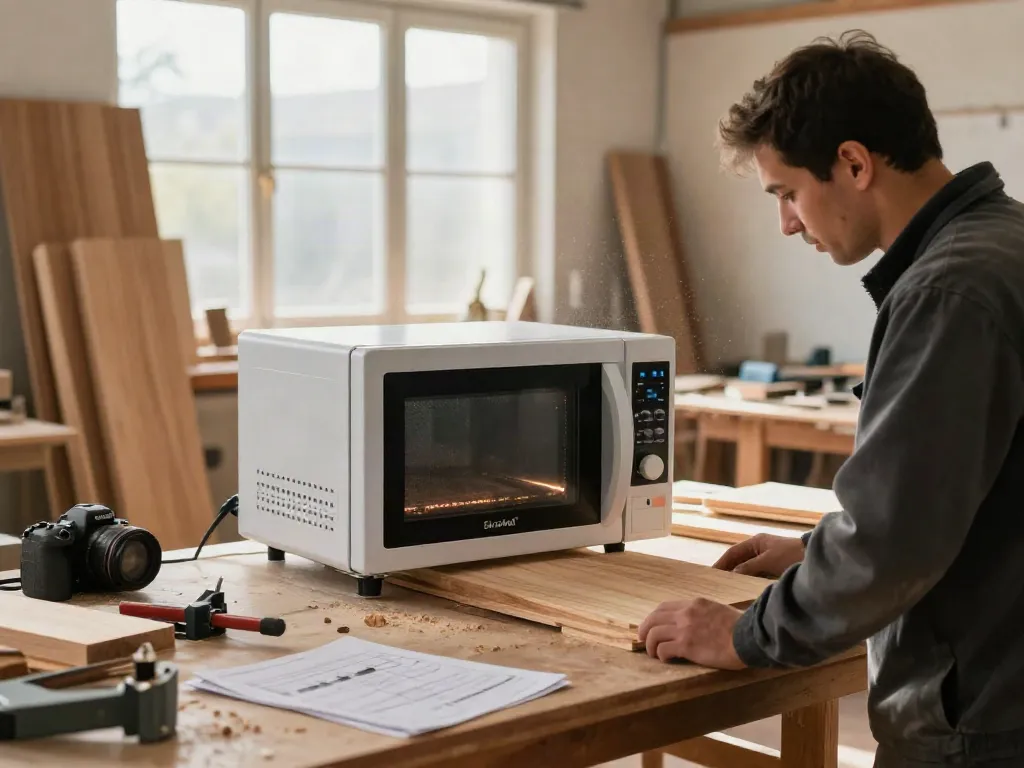 Shashel® microwave woodworm treatment device in a woodworking shop, showcasing advanced technology in action.
