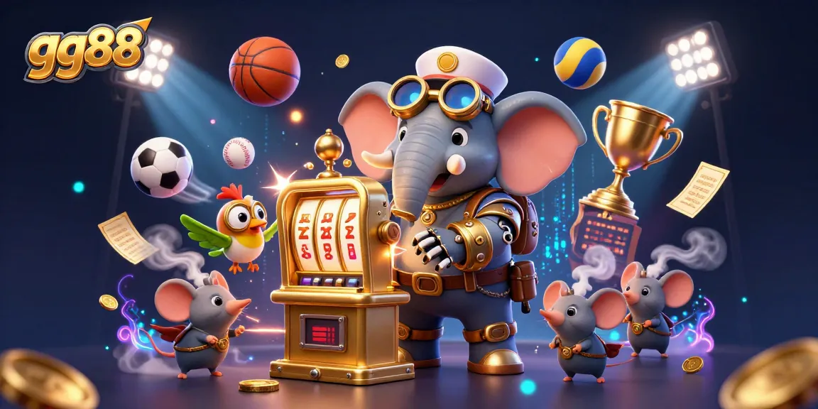 Engage with gg88's thrilling gaming scene featuring a steampunk elephant, slot machine, and dynamic sports elements.