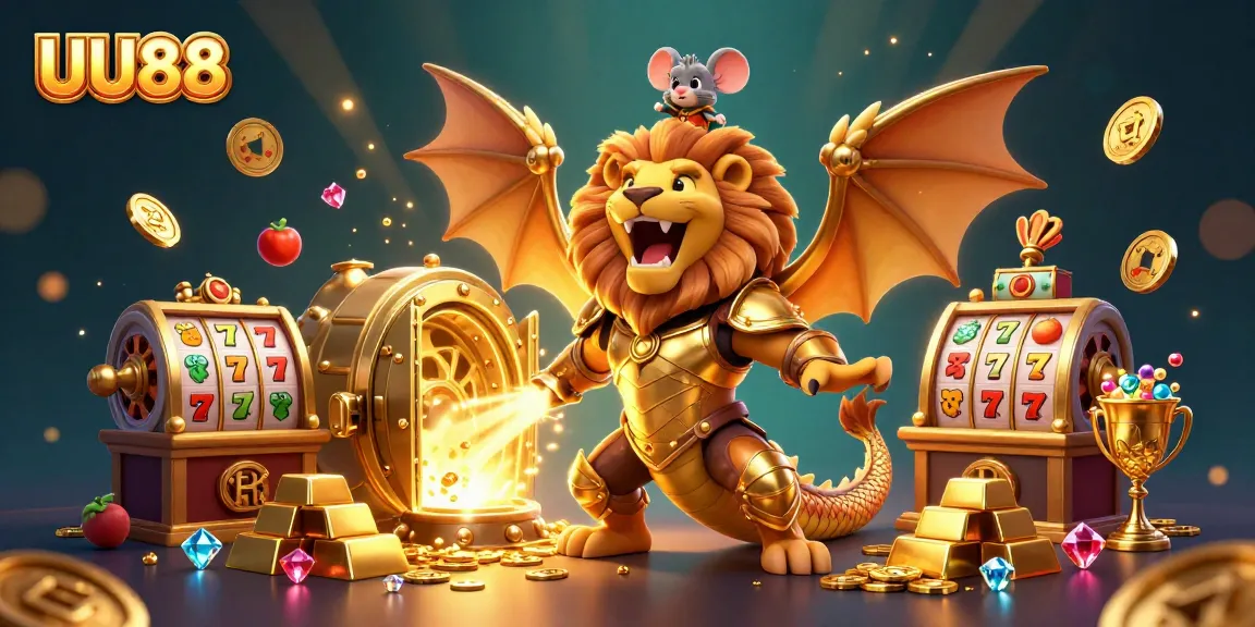 Experience the thrilling slots adventure with UU88 in this captivating 3D casino illustration.