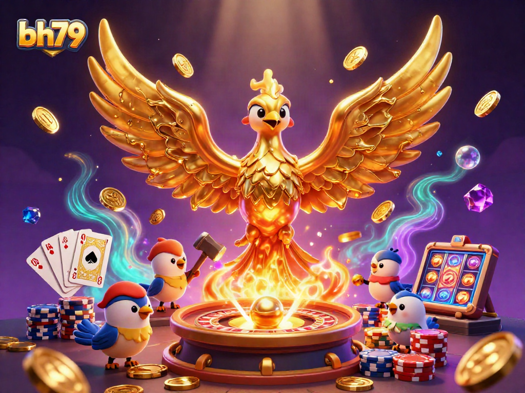 Place bets with bh79 as golden coins and cards swirl in a vibrant casino scene.