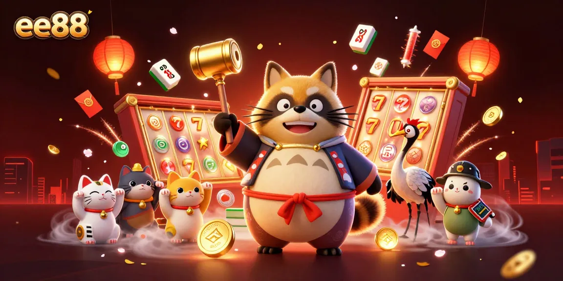 Spinning slot reels and fortune cats create excitement for ee88 players in this vibrant illustration.
