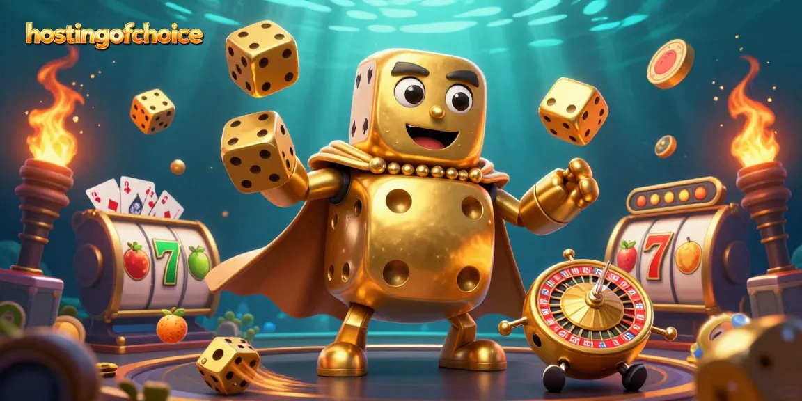 Experience the thrill of gaming with hostingofchoice's dynamic 3D dice golem illustration in a vibrant casino setting.