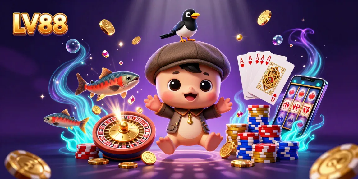 Experience winning moments at LV88 with vibrant 3D casino fun illustrations featuring playful characters.