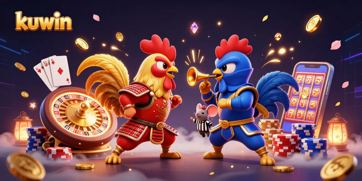 Kuwin's thrilling casino scene with samurai and ninja roosters battling for jackpot riches.