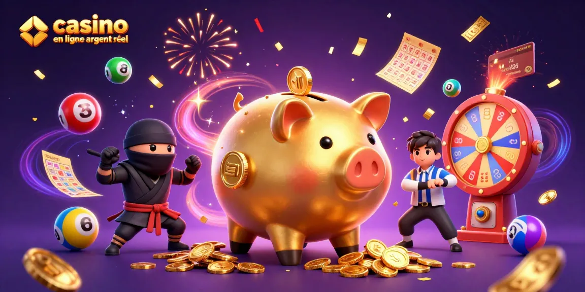 Illustration dynamique représentant des jeux de casino en ligne argent réel, mettant en avant des personnages colorés et festifs.