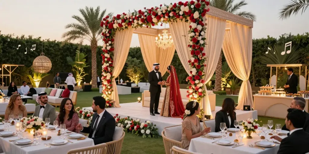 Event rentals for a luxury wedding in Saudi Arabia with elegant décor and joyful celebration.