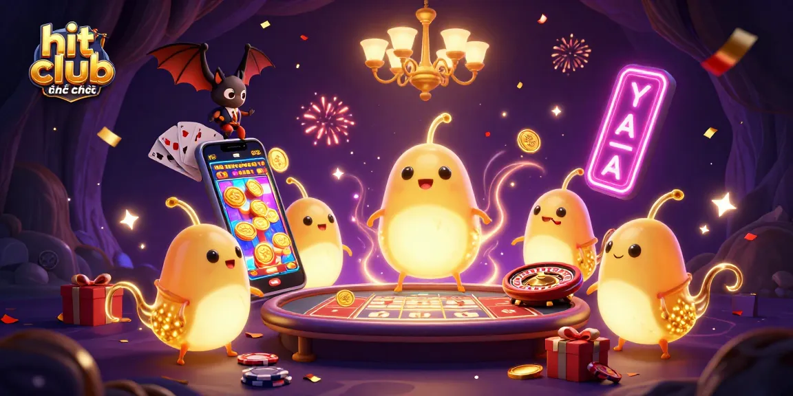 Experience excitement at hit club chính thức with glowing characters showcasing vibrant casino games and celebrations.