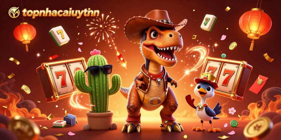 Spin the reels for luck with topnhacaiuytinn featuring a vibrant 3D dinosaur and casino elements.