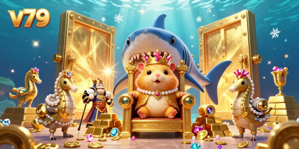 Engage with the vibrant world of v79, featuring a golden hamster king and royal seahorse guards amidst treasures.