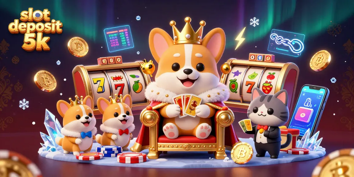 Experience an exciting slot deposit 5k scene with a royal corgi on a poker chip throne, presenting a golden card deck.