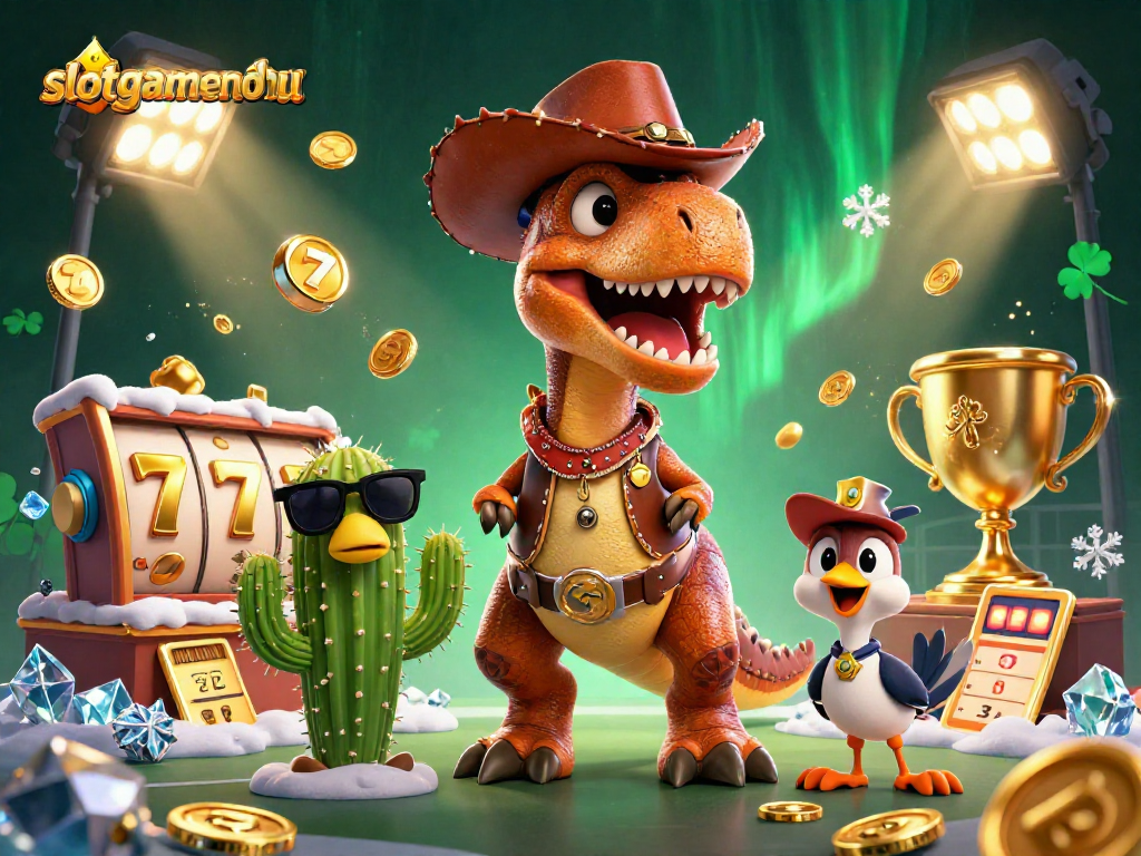 Experience the thrill of slotgamenohu with a vibrant scene of a T-Rex and friends surrounded by dynamic slot game elements.