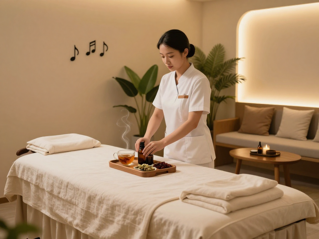 Balanced Massage's premium relaxation room with therapist preparing aromatherapy oils for a soothing experience.