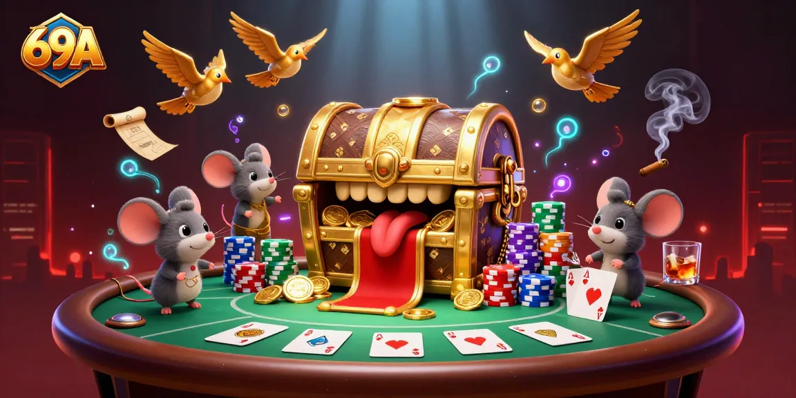 Os itens ricos do 69A atraem jogadores com um tesouro brilhante cercado de fichas de poker.