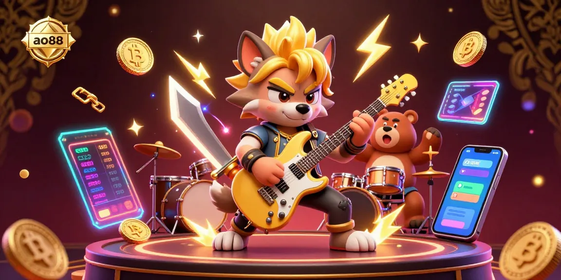 Experience thrilling casino action with ao88, featuring a rock star wolf and drummer bear in a vibrant 3D scene.