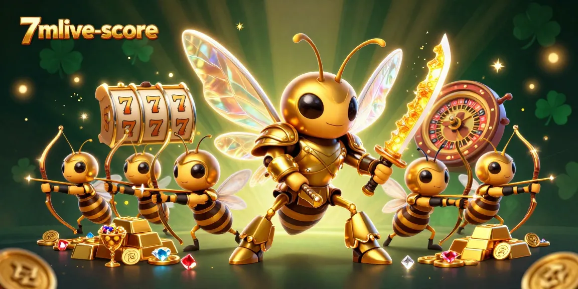 Experience the excitement of 7mlive-score with a vibrant scene featuring a golden hornet in samurai armor amidst dynamic slot reels.