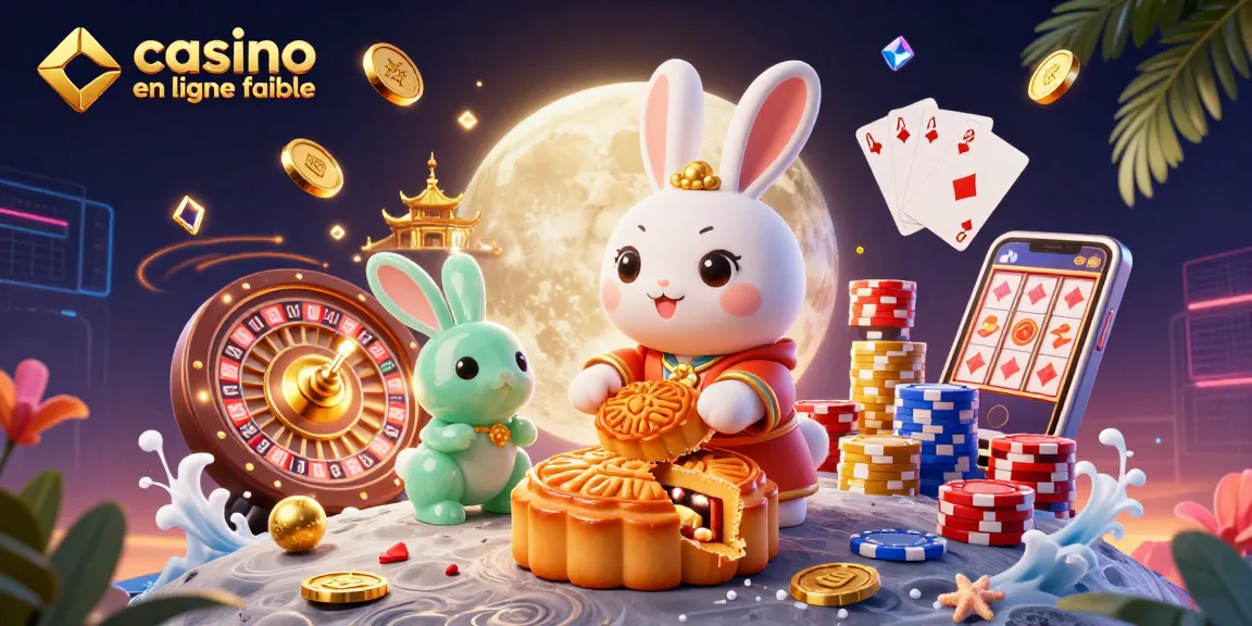Illustrer un casino en ligne fiable avec un lapin de lune et des jetons de poker sur un fond lunaire.