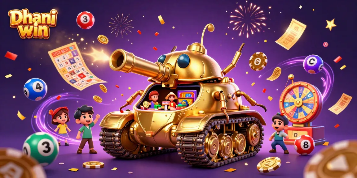 Dhani win captures the excitement of gaming with lottery balls, confetti, and vibrant casino elements.