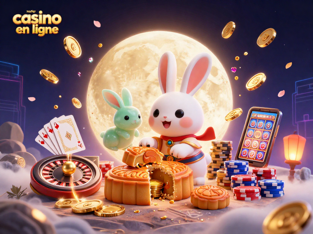 Illustration d’un nouveau casino en ligne avec un lapin de lune et des éléments de jeu vivant sur la surface lunaire.