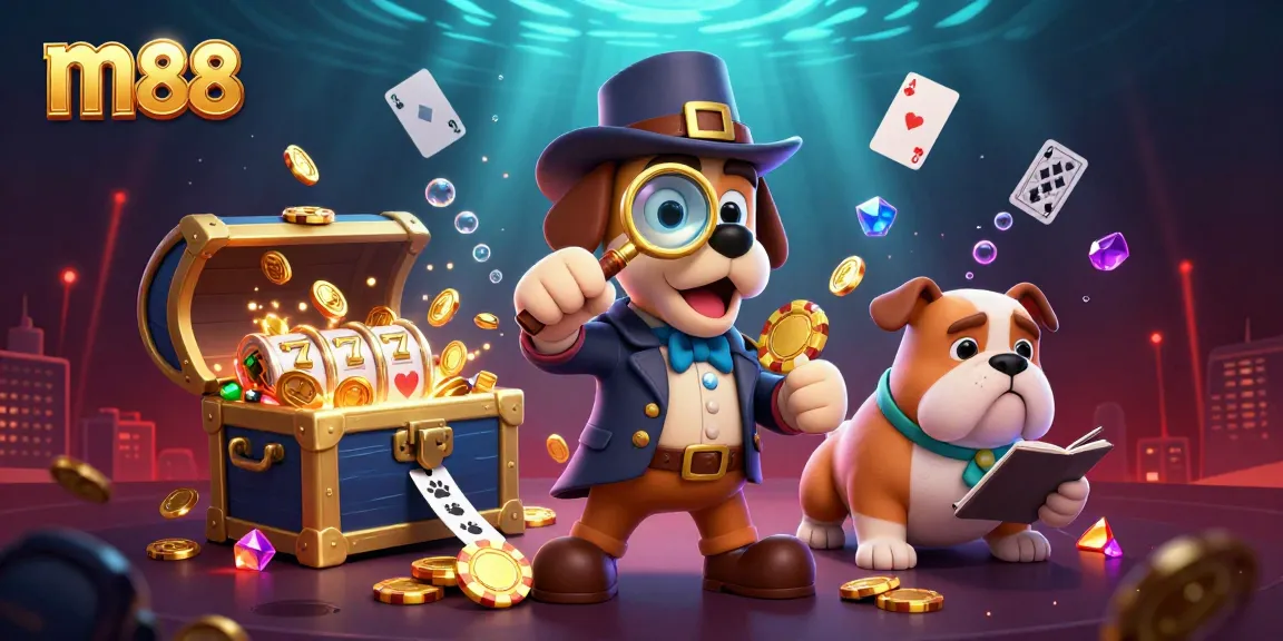Engage with m88 through the detective-themed scene filled with vibrant casino elements.