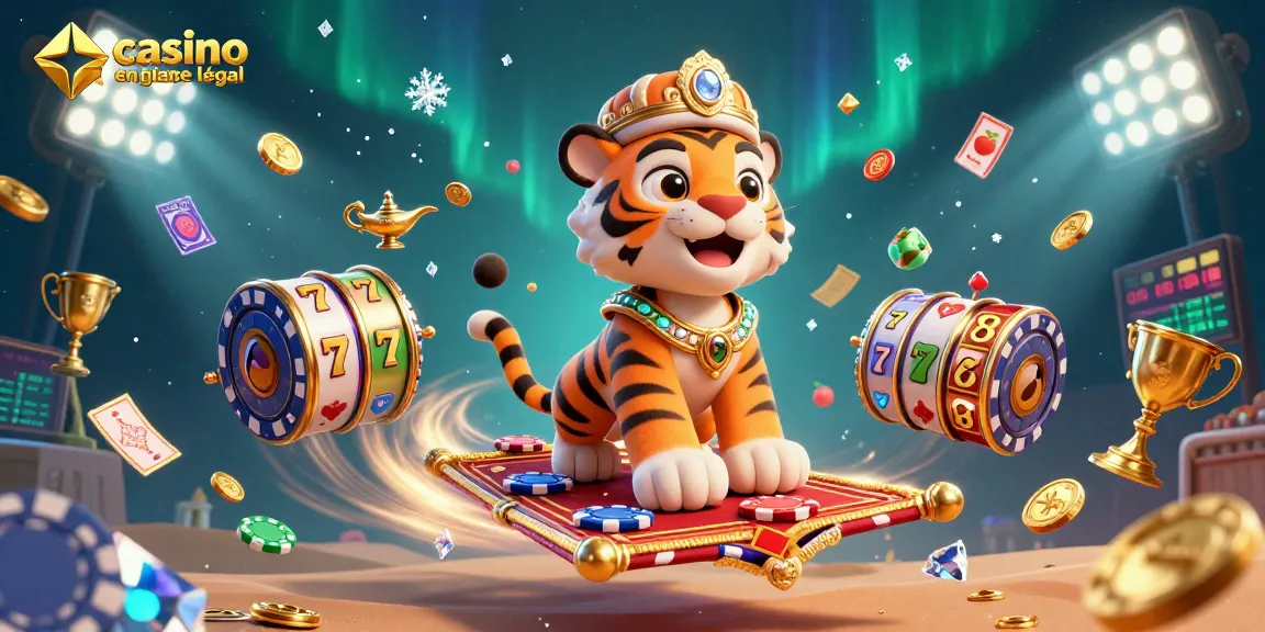 Jouez au casino en ligne France légal avec un sultan sur tapis volant, entouré de symboles de machines à sous et de trophées.