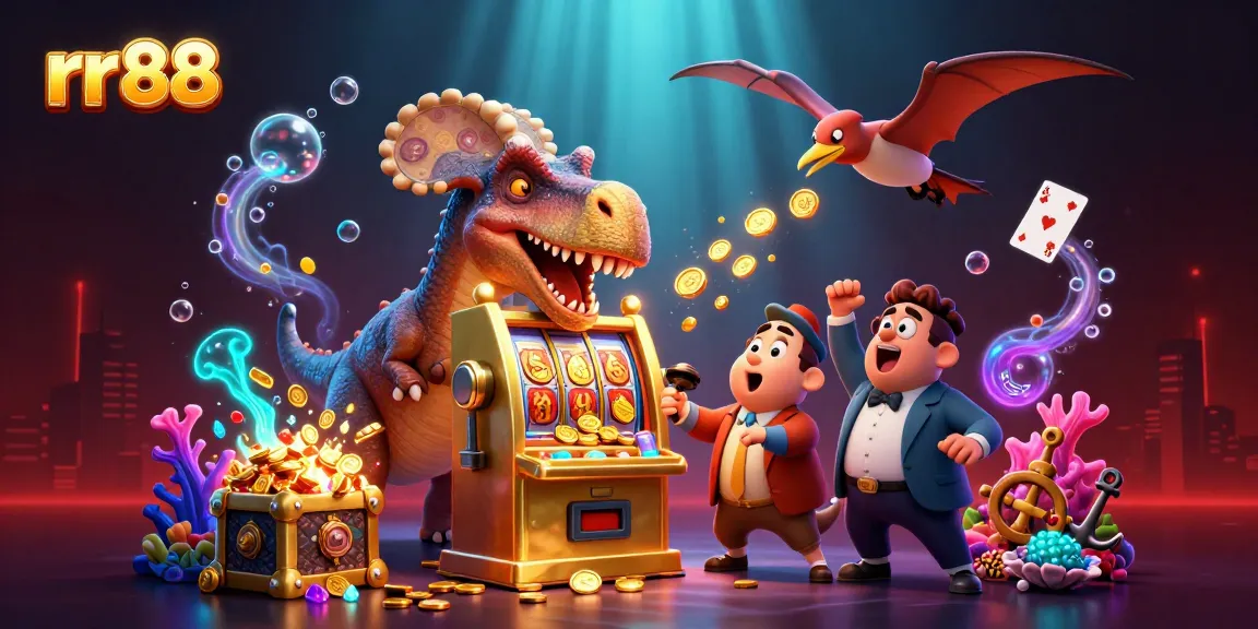 rr88 showcases a pachycephalosaurus interacting with a slot machine, highlighting dynamic casino excitement.