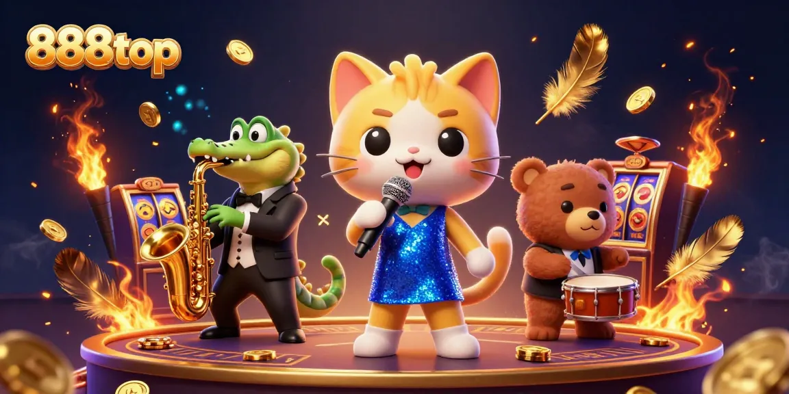 Engage in the lively world of 888top with colorful characters performing amidst vibrant casino elements.