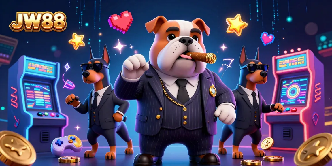 Experience the excitement of JW88 with a mafia boss bulldog surrounded by vibrant arcade game elements.