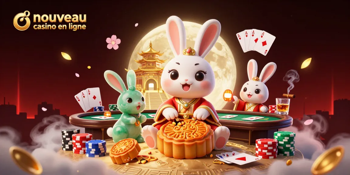 Découvrez le nouveau casino en ligne avec des illustrations d'un lapin de lune et des éléments de poker fascinants.