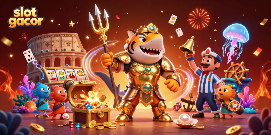 Experience thrilling gameplay in the vibrant underwater scene of slot gacor with a shark gladiator in action.
