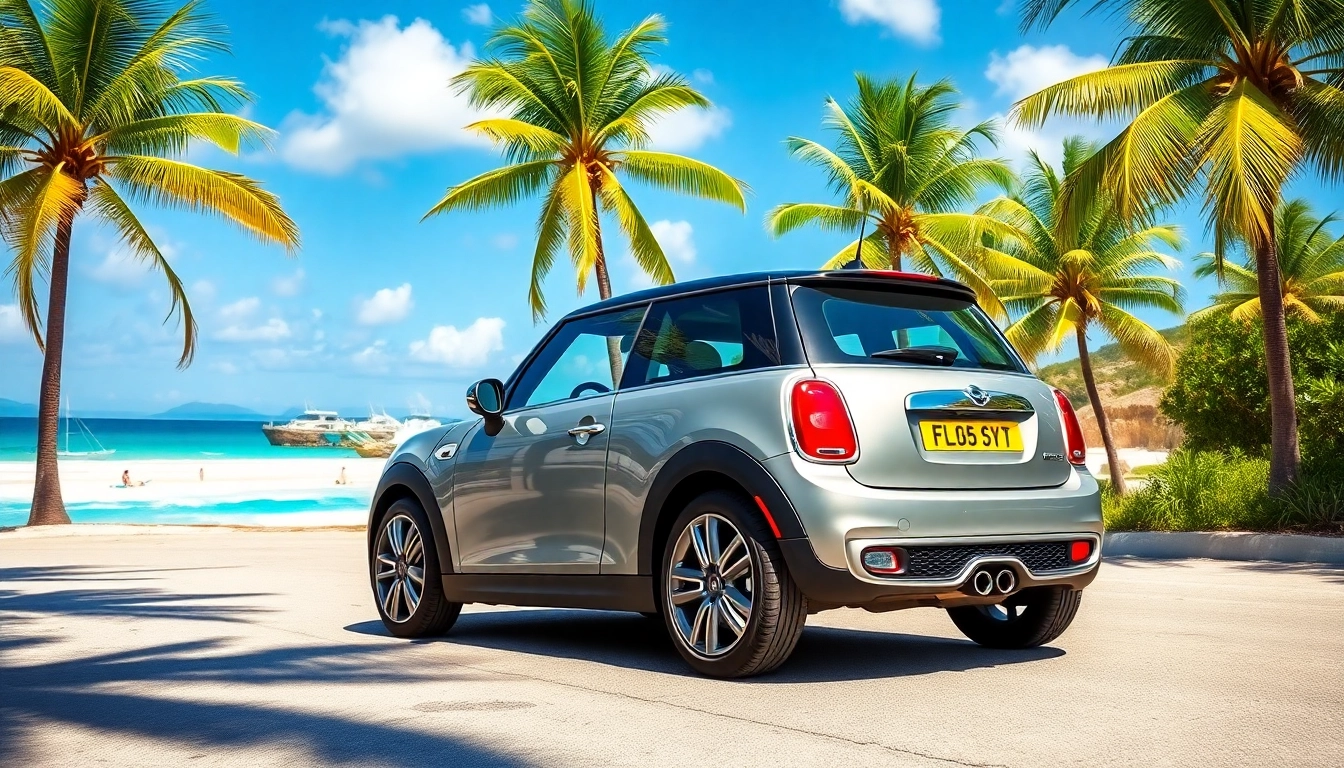 Enjoy the stunning Mini Cooper st barts rental against a vibrant coastal backdrop.